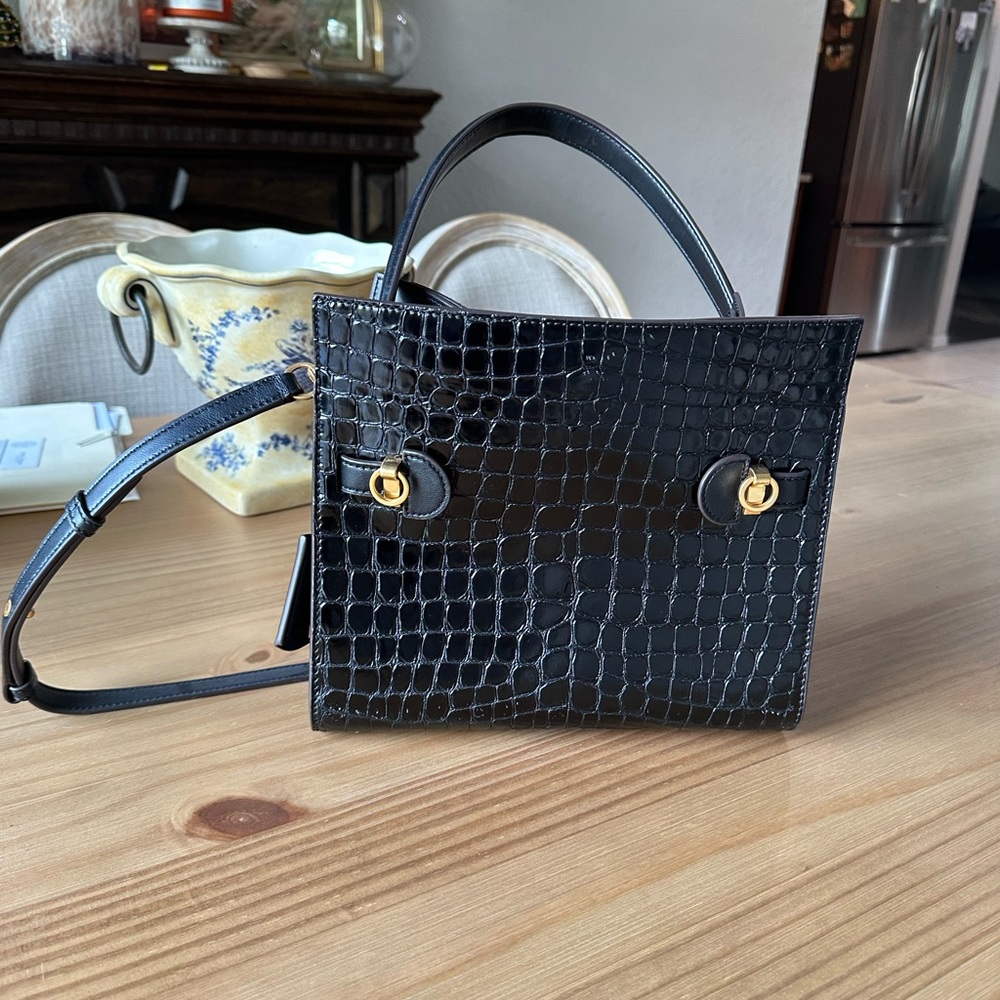 Tory Burch Lee Radziwill Croc Embossed Leather Suede Double Bag Black - Picture 4 of 9